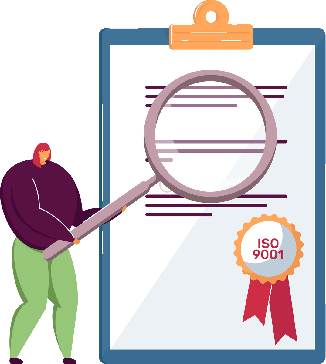 Tiny people with quality control certificate. Cartoon person checking document flat vector illustration. Quality management system, ISO 9001 standard concept for banner, website design